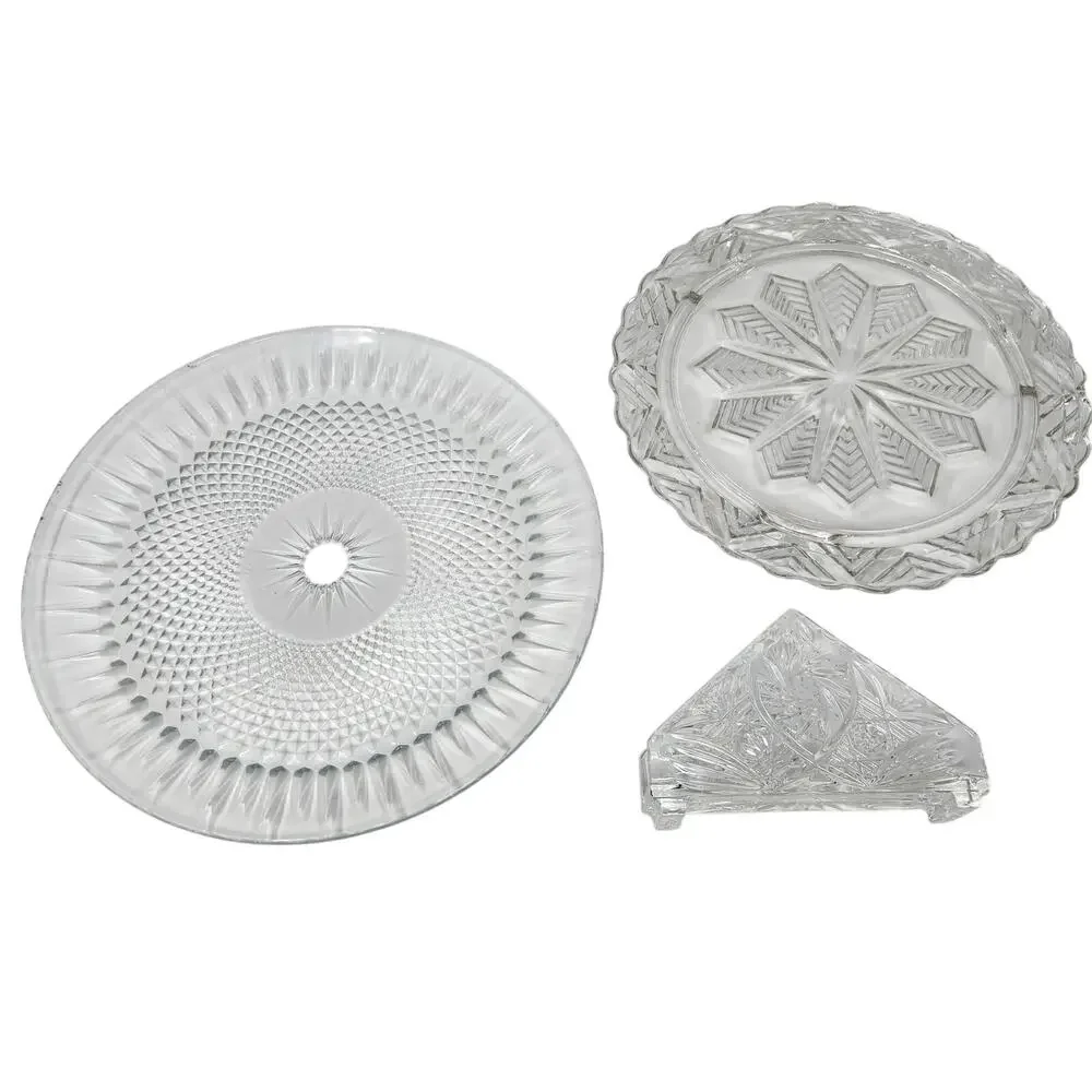 Lot Of 3 Vintage Crystal Glass Round Diner Plated With Napkin Holder Dining Ware